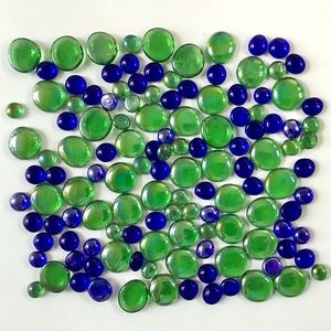129 Flat Glass Marbles Gems Pebbles Blue Green 3/4” to 1-1/4” Decorative Crafts